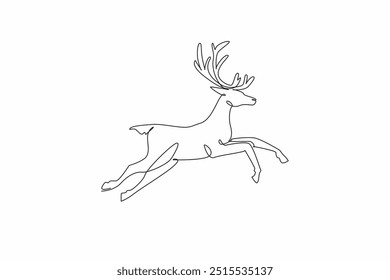 Einzeilige Zeichnung Hirsch springen. Berühmte Tiere im Winter. Natürlich in der kalten Natur leben. Schneetiere. Fauna. Tierwelt. Weltschneetag. Grafische Illustration zum Liniendesign