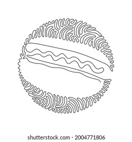 Single one line drawing delicious hot dog. Minimal style. Perfect for cards, posters, stickers. Food concept. Swirl curl circle background style. Continuous line design graphic vector illustration