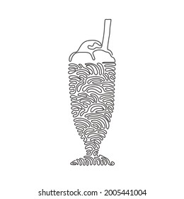 Single one line drawing delicious milkshakes in glasses with straws. Sweet cold tasty beverages. Yummy dessert drink. Swirl curl style. Modern continuous line draw design graphic vector illustration