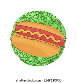 Single one line drawing delicious hot dog. Minimal style. Perfect for cards, posters, stickers. Food concept. Swirl curl circle background style. Continuous line design graphic vector illustration