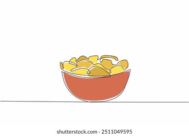 Una sola línea dibujando deliciosas papas fritas crujientes en un tazón de vidrio. Fácil de devorar. Un compañero para ver programas de televisión. Sabroso. Día Nacional de la Merienda. Ilustración gráfica de diseño de línea continua