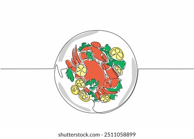 Single one line drawing a delicious crab on a round plate. Ready to be served to customers. Fresh lemon to add flavor. Delectation. National Crab Meat Day. Continuous line design graphic illustration