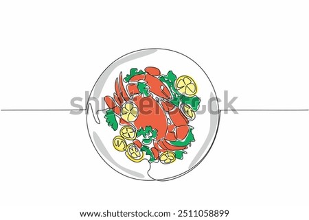 Single one line drawing a delicious crab on a round plate. Ready to be served to customers. Fresh lemon to add flavor. Delectation. National Crab Meat Day. Continuous line design graphic illustration