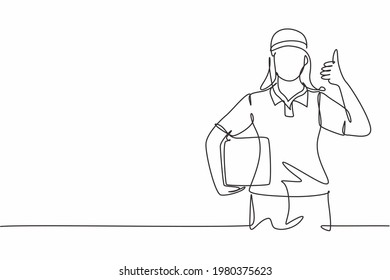 Single one line drawing of delivery lady with a thumbs-up gesture, carrying the package box to be delivered to customers with the best service. Continuous line draw design graphic vector illustration