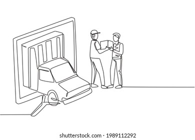 Einzelne Ziehkastenwagen kommen zum Teil aus einem riesigen Bildschirm und männliche Kurierdienste geben den männlichen Kunden die Packbox. Modern-Stetig-Liniendesign, Vektorgrafik