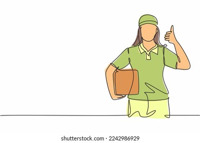 Single one line drawing of delivery lady with a thumbs-up gesture, carrying the package box to be delivered to customers with the best service. Continuous line draw design graphic vector illustration