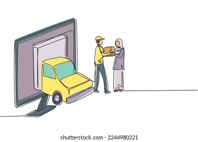 El coche de una sola línea de la caja de entrega de dibujos sale en parte de la pantalla de monitor y el mensajero le da la caja de paquetes a las clientas hembras hijab. Ilustración de líneas continuas moderna de diseño gráfico vectorial