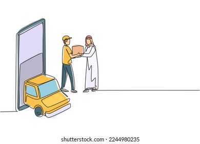 Single one line drawing delivery box car comes out partly from smartphone screen and courier gives package box to Arabian male customer. Modern continuous line draw design graphic vector illustration