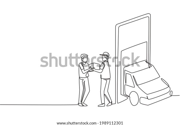 Single one line drawing delivery box car
comes out partly from giant smartphone screen. Male courier gives
package box to male customer. Modern continuous line draw design
graphic vector
illustration