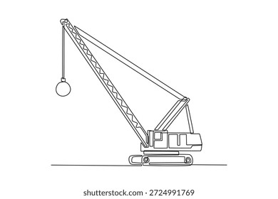 Einzeilige Zeichnung Abbruchkran mit Wracking Ball von der Seite gesehen, betont seine industrielle Silhouette und Funktion in einer einfachen. Grafische Vektorgrafik mit fortlaufender Linienzeichnung