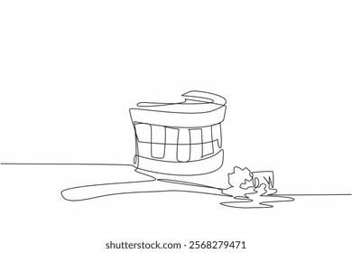 Single one line drawing dentures with bloody toothbrush. The consequences of brushing the teeth incorrectly. Gingivitis. International Scurvy Awareness Day. Continuous line design graphic illustration