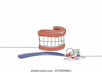 Single one line drawing dentures with bloody toothbrush. The consequences of brushing the teeth incorrectly. Gingivitis. International Scurvy Awareness Day. Continuous line design graphic illustration