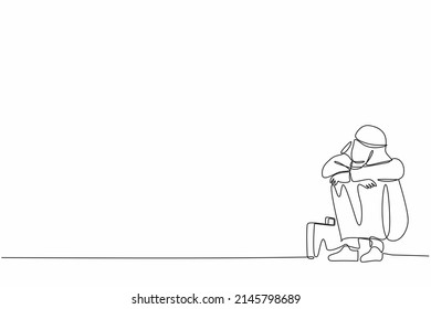 Single one line drawing depressed Arabian businessman suffer emotion sadness melancholy stress with briefcase sitting in despair on the floor. Worker sad expression. Continuous line draw design vector