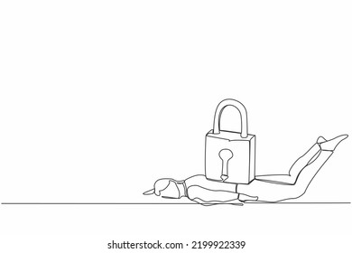 Single one line drawing depressed businessman under heavy lock pad burden. Business closing down or bankruptcy in Covid-19 pandemic lockdown crisis. Continuous line design graphic vector illustration