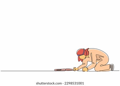 Single one line drawing depressed Arab businessman with briefcase crawling in despair on the floor. Frustrated office worker mental health problems. Continuous line design graphic vector illustration