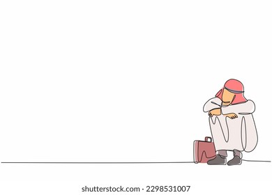 Single one line drawing depressed Arabian businessman suffer emotion sadness melancholy stress with briefcase sitting in despair on the floor. Worker sad expression. Continuous line draw design vector