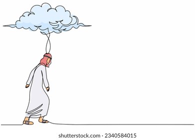 Single one line drawing depressed Arab businessman walking under rain cloud. Unhappy loser sad male depression. Loneliness in overcast weather. Continuous line draw design graphic vector illustration