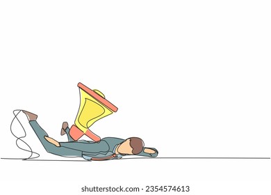Un solo dibujo de una sola línea deprimió al hombre de negocios bajo una pesada carga de megáfono. Conflicto y problemas en la comunicación. Acoso, acoso en el trabajo. Ilustración gráfica de diseño de trazos de línea continua