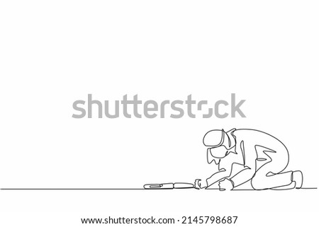 Single one line drawing depressed Arab businessman with briefcase crawling in despair on the floor. Frustrated office worker mental health problems. Continuous line design graphic vector illustration