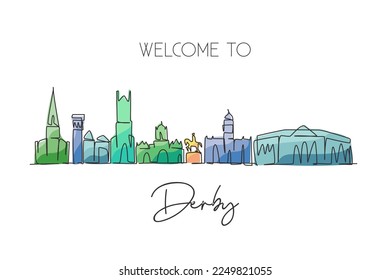 Einzel-Linie Zeichnung Derby City Skyline, Vereinigtes Königreich. Weltgeschichtliche Stadtlandschaft. Beste Urlaubsdestination Postkarte. Bearbeitbarer Strich-Strich-Strich-Design, Vektorgrafik