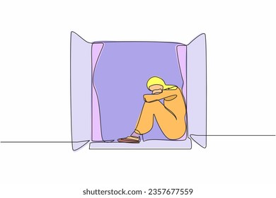 Una sola línea dibujando a una joven árabe desesperada sentada en el umbral de la ventana. Molesto, depresión, estrés, melancolía, desesperación, frustración, problemas de vida. Ilustración vectorial de diseño de línea continua