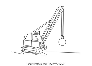 Single one line drawing detailed demolition crane with wrecking ball in perspective, machine mechanical structure, industrial design use. Modern continuous line draw design graphic vector illustration