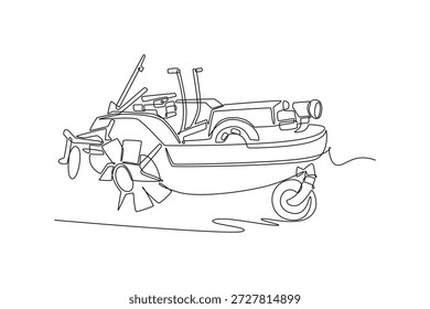 Una sola línea dibuja una máquina moderna detallada del trasplantador del arroz agrícola, usada para la plantación automatizada de la plántula en campos del arroz. Ilustración vectorial gráfica de diseño de dibujo de línea continua moderna