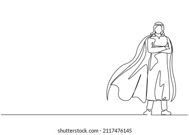 Single one line drawing determined Arabian businessman or office worker super hero in cloak. The concept of leadership and strength in business. Continuous line draw design graphic vector illustration