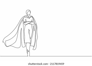 Single one line drawing determined Arab businesswoman or office worker super hero in cloak. The concept of leadership and strength in business. Continuous line draw design graphic vector illustration