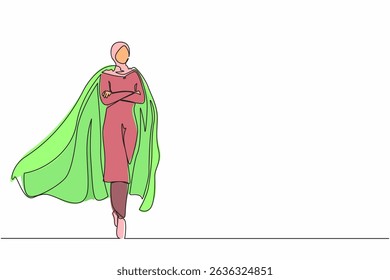 Single one line drawing determined Arab businesswoman or office worker super hero in cloak. The concept of leadership and strength in business. Continuous line draw design graphic vector illustration