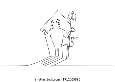 Single one line drawing of devil shadow on the rising up arrow sign light. Bad horror demon character minimal concept. Modern continuous line draw design graphic vector illustration