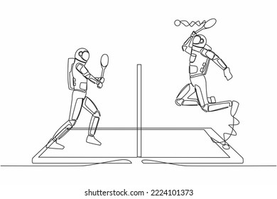 Single one line drawing of digital tennis court with two astronaut players on smartphone screen. Professional online sports competition. Cosmic galaxy space. Continuous line design vector illustration