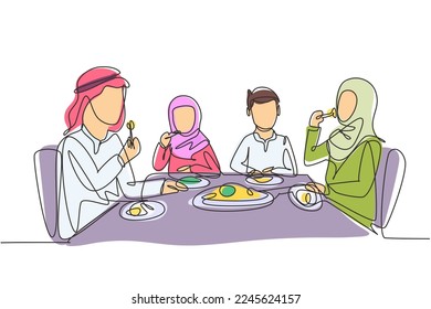 Single one line drawing diner Arabian parents and children together. Family having meal around kitchen table. Happy daddy, mom and kids eating. Continuous line draw design graphic vector illustration