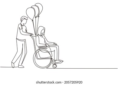 Single one line drawing disability people scene concept  Man carries disabled woman in wheelchair  Accessibility  rehabilitation invalid person  people activities  Continuous line draw design vector