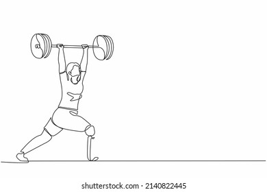 Single one line drawing disability young female powerlifter lifting barbell. Disabled sportswoman workout. Professional weightlifting exercise. Continuous line draw design graphic vector illustration