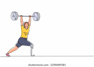 Single one line drawing disability young female powerlifter lifting barbell. Disabled sportswoman workout. Professional weightlifting exercise. Continuous line draw design graphic vector illustration