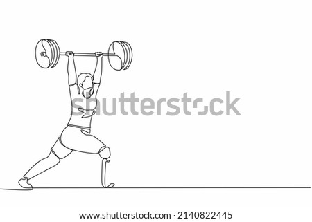 Single one line drawing disability young female powerlifter lifting barbell. Disabled sportswoman workout. Professional weightlifting exercise. Continuous line draw design graphic vector illustration