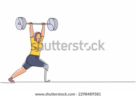 Single one line drawing disability young female powerlifter lifting barbell. Disabled sportswoman workout. Professional weightlifting exercise. Continuous line draw design graphic vector illustration