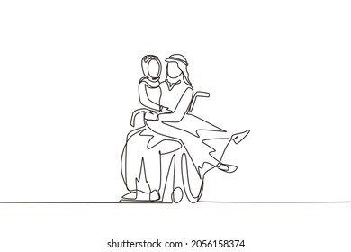 Dibujo de una sola línea discapacitado Hombre árabe llevando mujer en silla de ruedas. Feliz pareja en la celebración de la boda. Hombre con necesidades especiales en silla de ruedas. Ilustración vectorial de dibujo de línea continua