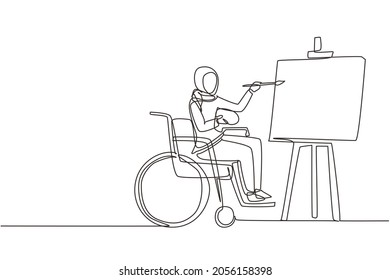 Single one line drawing disabled Arabian woman in wheelchair painting landscape on canvas. Rehabilitation physiotherapy concept. Physical disability. Continuous line draw design vector illustration
