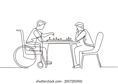 Single one line drawing disabled man in wheelchair plays chess with friend. People on social adaptation, hobby, tolerance, inclusive, accessibility and diversity. Continuous line draw design vector