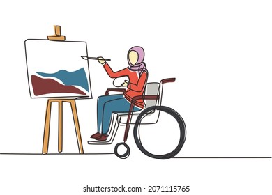 Single one line drawing disabled Arabian woman in wheelchair painting landscape on canvas. Rehabilitation physiotherapy concept. Physical disability. Continuous line draw design vector illustration