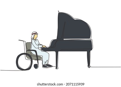 Single one line drawing disabled Arab man in wheelchair playing piano in concert. Disability and classical music. Physically disabled. Rehabilitation center patient. Continuous line draw design vector