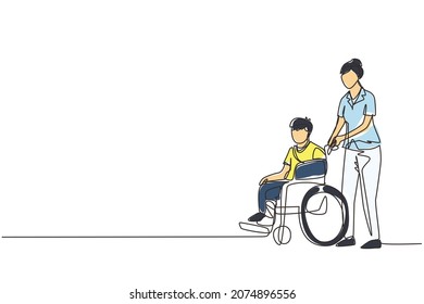 Single one line drawing disabled boy with broken hand, leg riding wheelchair with nurse assistance. Kids patient in traumatology hospital. Disability. Continuous line draw design vector illustration