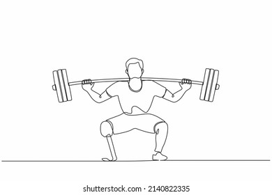 Single One Line Drawing Disabled Man Weightlifter With Amputated Legs. Athletic Weightlifting Workout With Barbell Muscles Sport Strongman Beautiful Body Fitness. Continuous Line Design Graphic Vector