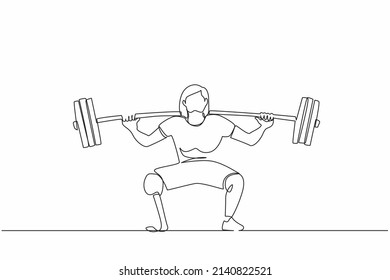 Single one line drawing disabled female weightlifter with amputated legs. Athletic weightlifting workout with barbell muscles sport strongwoman beautiful body fitness. Continuous line design vector