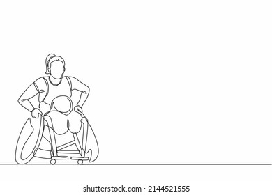 Single one line drawing disabled sportswoman play rugby on wheelchair sport competition.  rugby player in wheelchair. Athlete with physical disorder. Continuous line draw design graphic vector