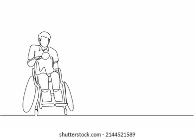 Single one line drawing disabled sportsman in wheelchair playing table tennis.  games championship. Hobbies, interests of people with disabilities. Continuous line draw design graphic vector