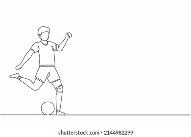 Single one line drawing disabled man athlete playing football. Disability soccer player with leg prosthesis. Match, competition. Disabled sport training. Continuous line draw design graphic vector