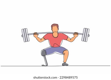 Single one line drawing disabled man weightlifter with amputated legs. Athletic weightlifting workout with barbell muscles sport strongman beautiful body fitness. Continuous line design graphic vector